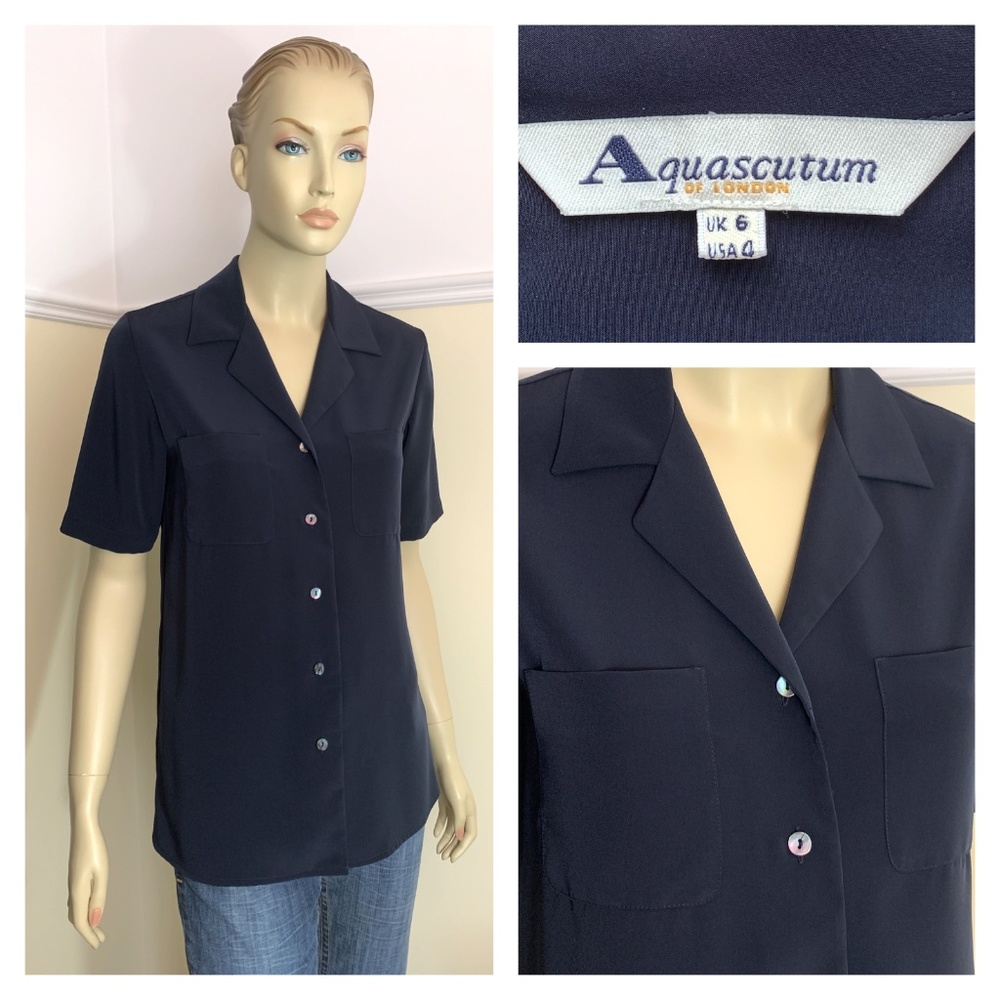 AQUASCUTUM vintage navy blue polyester blouse 4
